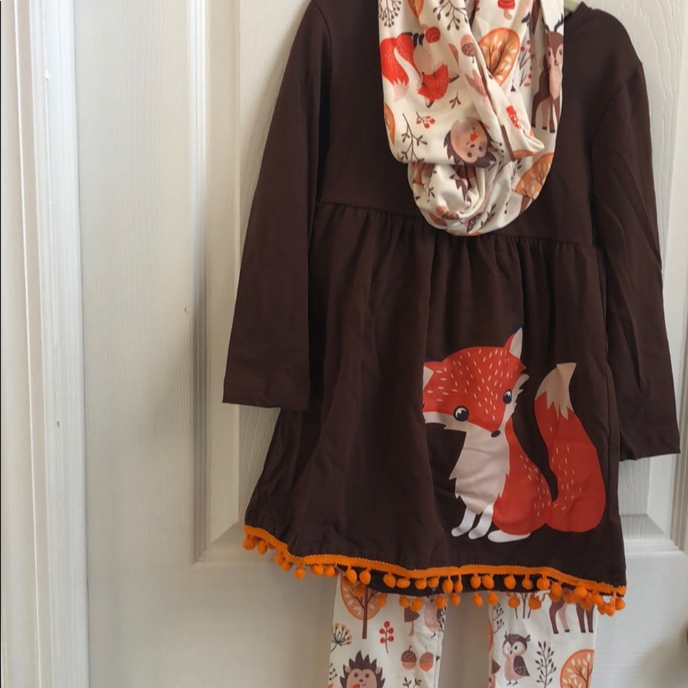 Fall Fox design Tunic, Leggings and Scarf set